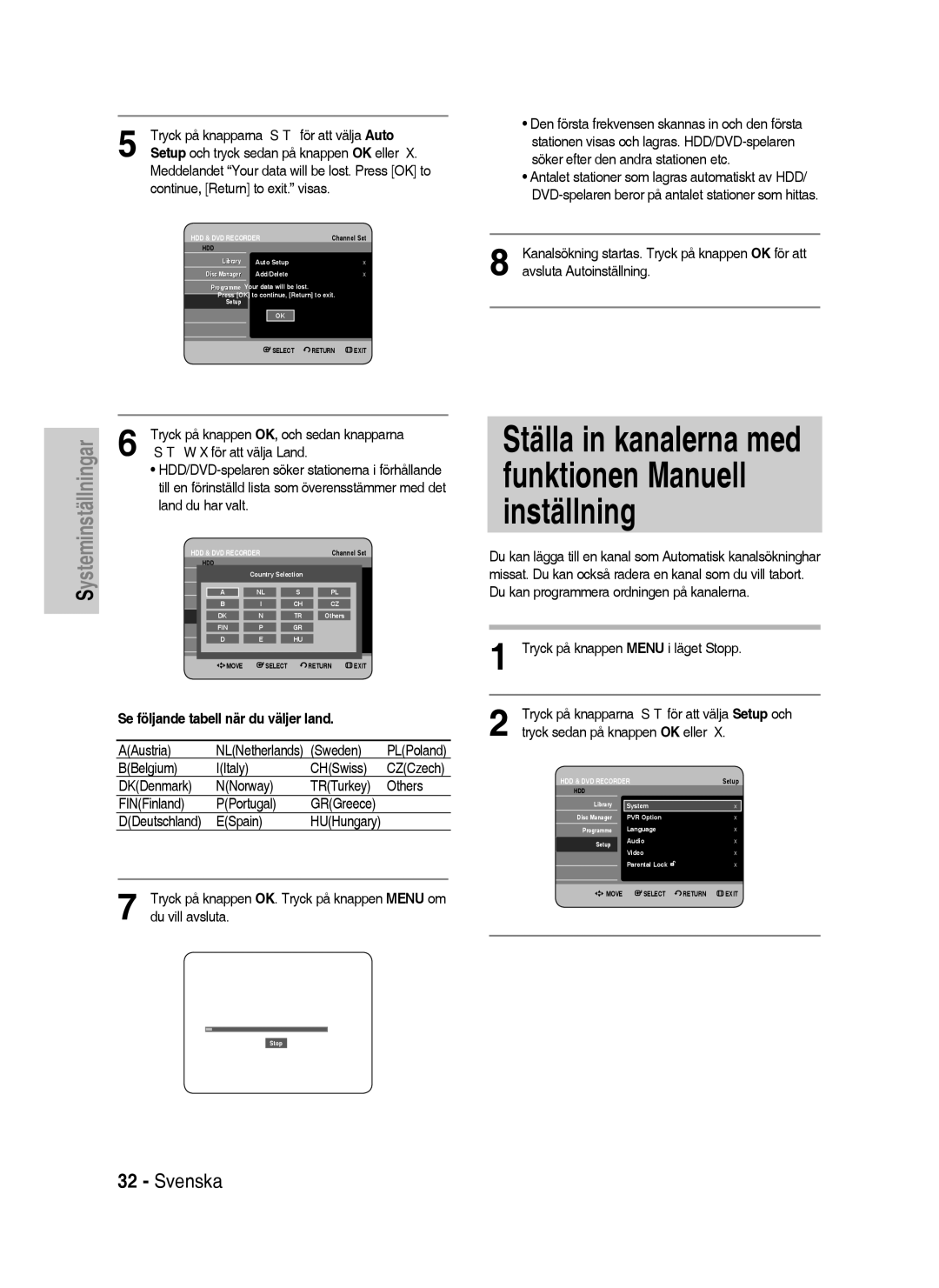 Samsung DVD-HR738/XEE manual Ställa in kanalerna med funktionen Manuell inställning, Tryck på knapparna För att välja Auto 