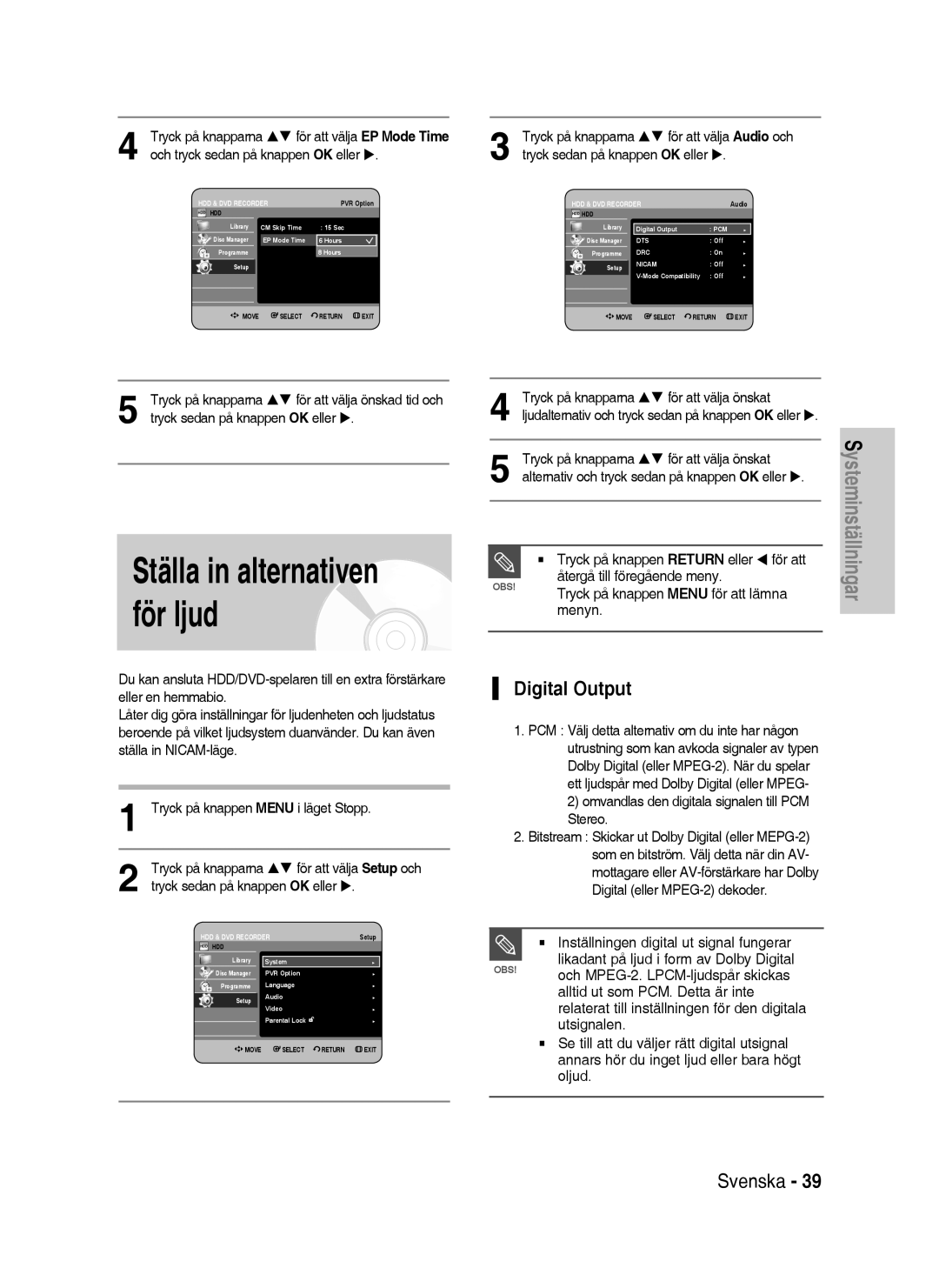 Samsung DVD-HR738/XEE manual Ställa in alternativen för ljud, Digital Output 