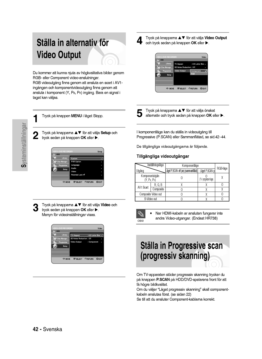 Samsung DVD-HR738/XEE manual Tillgängliga videoutgångar, Tryck på knapparna För att välja Video och 