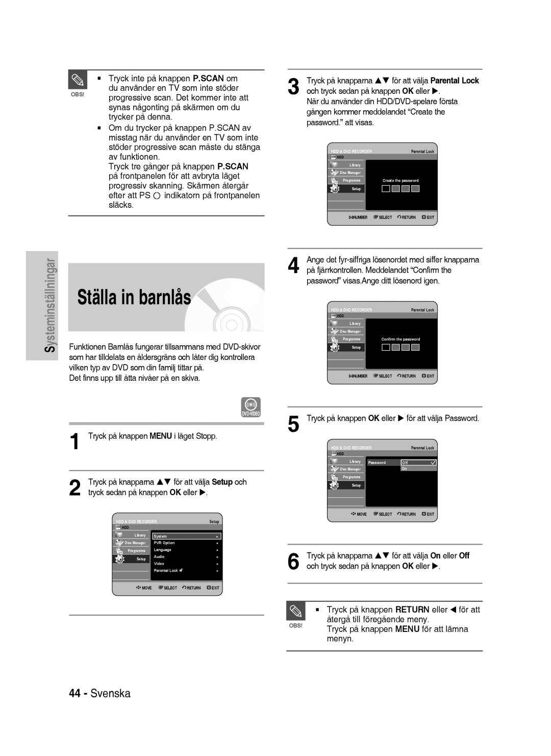 Samsung DVD-HR738/XEE manual Ställa in barnlås, Gången kommer meddelandet Create, På fjärrkontrollen. Meddelandet Confirm 