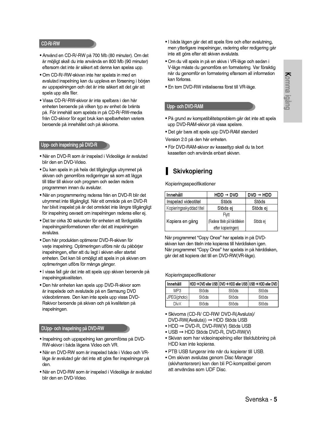 Samsung DVD-HR738/XEE manual Skivkopiering, DUpp- och inspelning på DVD-RW, Upp- och DVD-RAM, Innehåll 