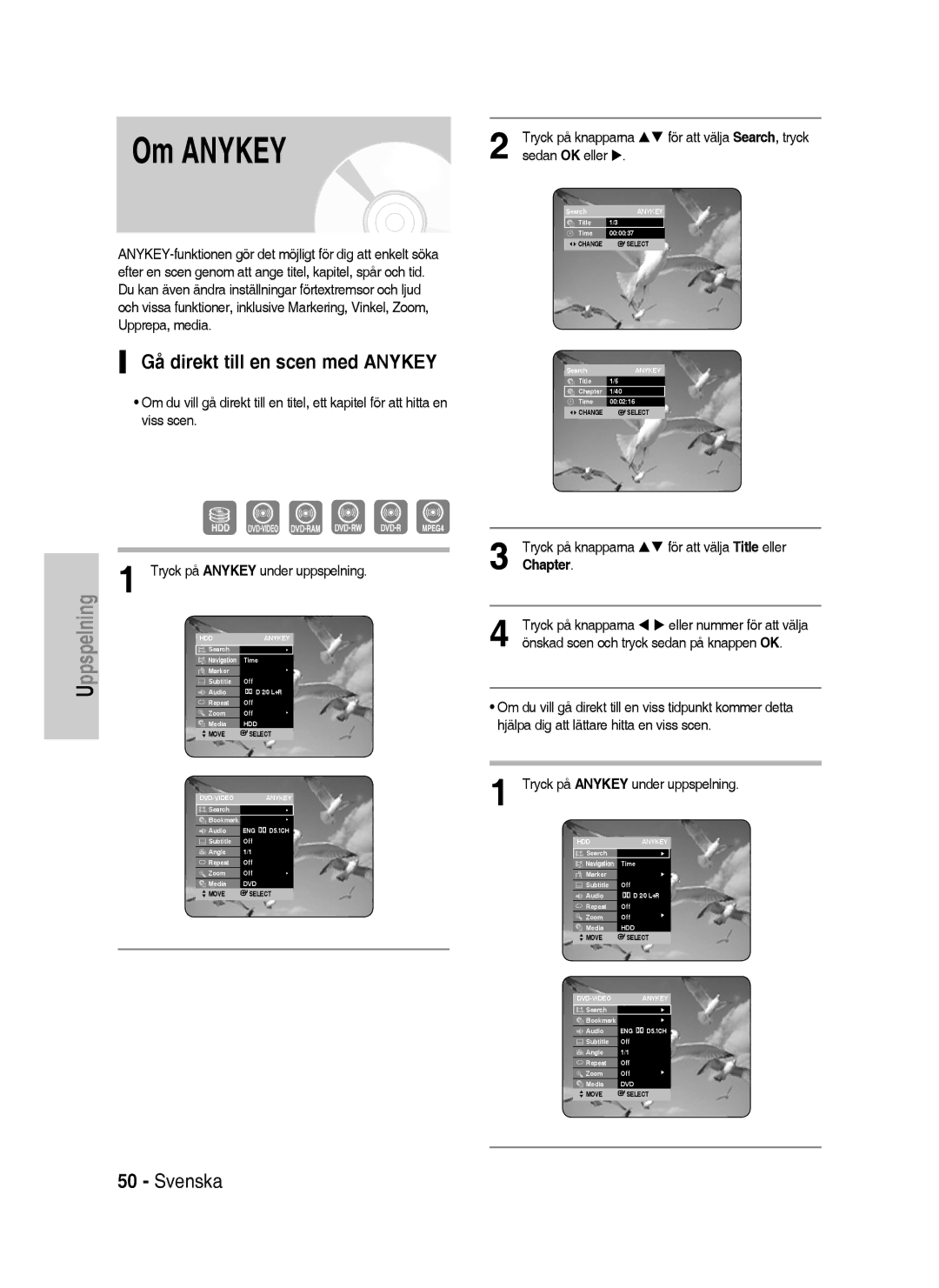 Samsung DVD-HR738/XEE manual Om Anykey, Gå direkt till en scen med Anykey, Sedan OK eller, Chapter 