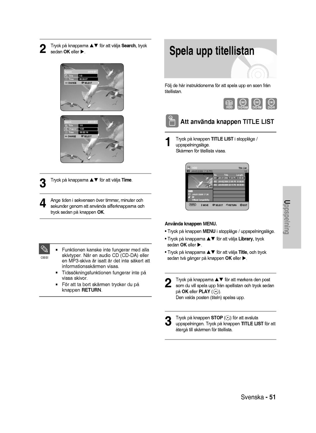 Samsung DVD-HR738/XEE manual Spela upp titellistan, Att använda knappen Title List, Använda knappen Menu 