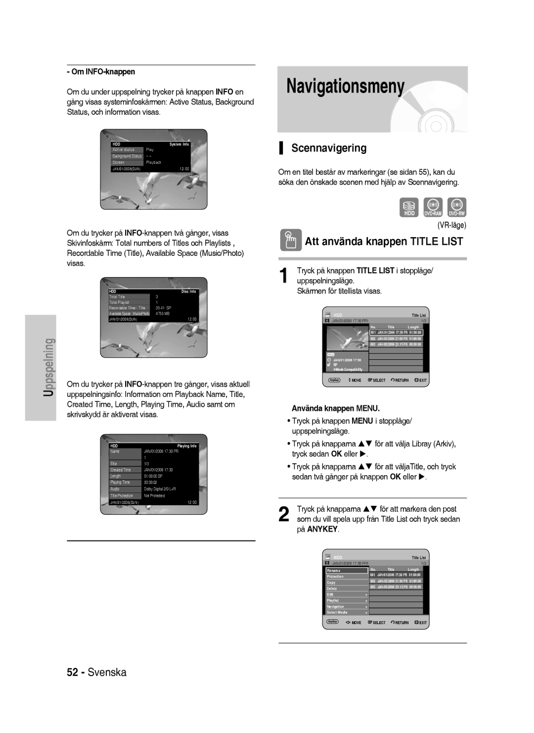 Samsung DVD-HR738/XEE manual Navigationsmeny, Scennavigering 