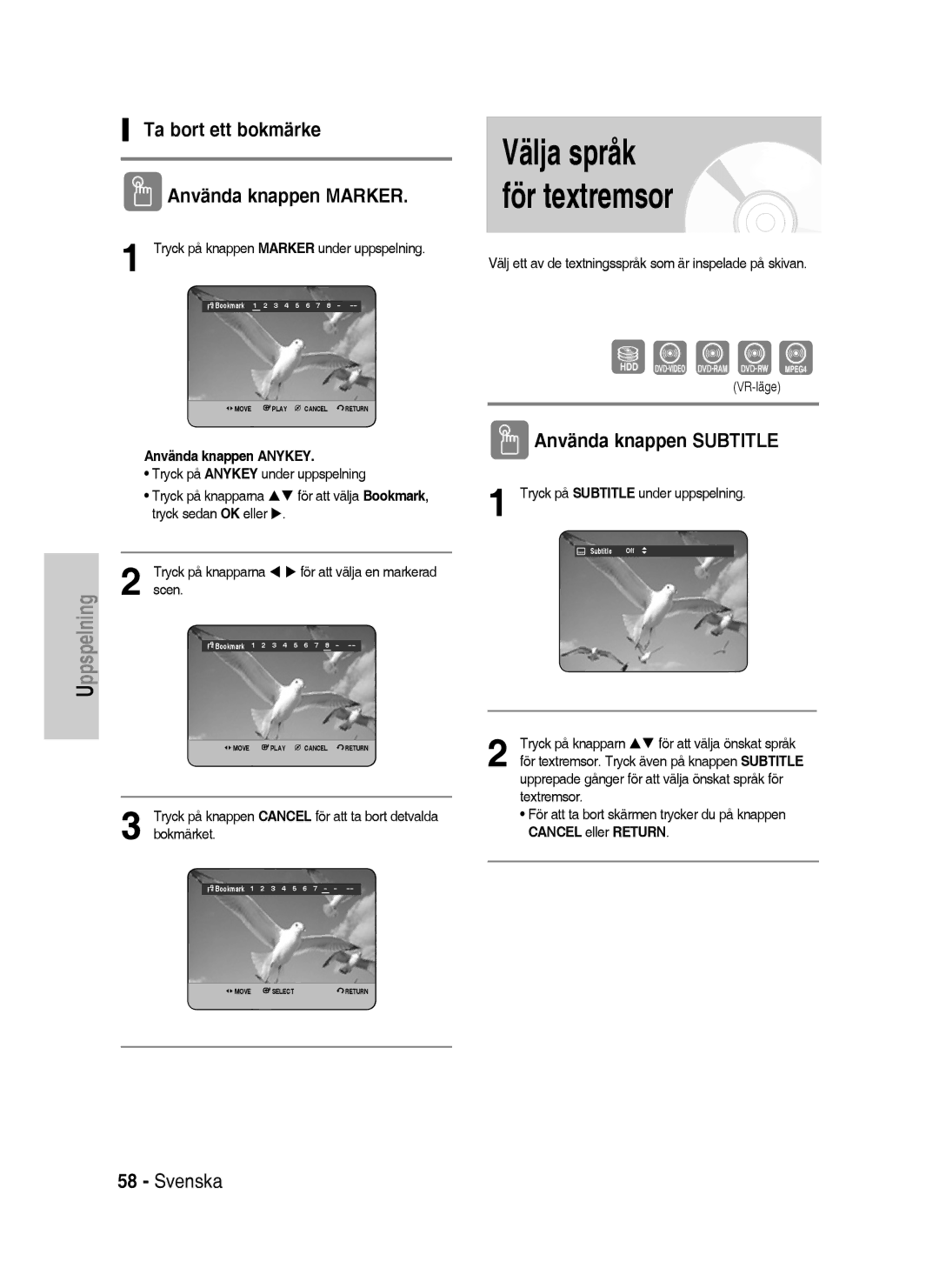 Samsung DVD-HR738/XEE Välja språk för textremsor, Ta bort ett bokmärke Använda knappen Marker, Använda knappen Subtitle 