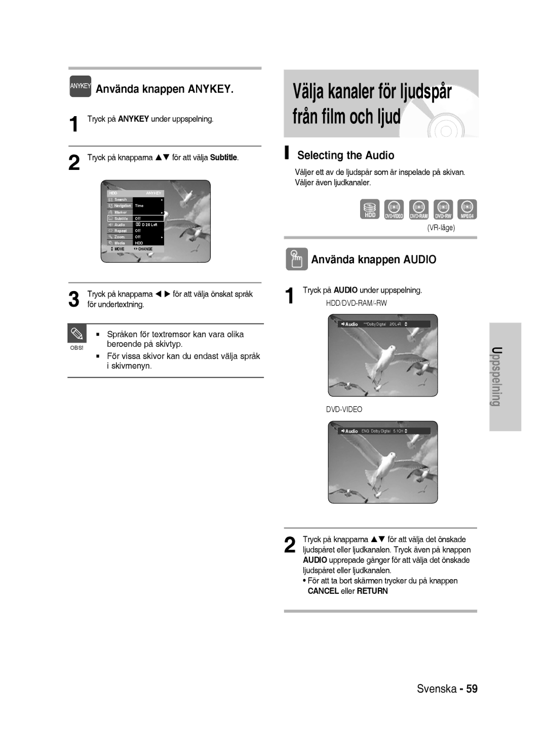 Samsung DVD-HR738/XEE manual Selecting the Audio, För att välja Subtitle, För undertextning 