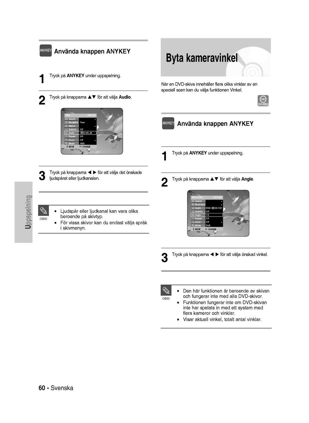 Samsung DVD-HR738/XEE manual Byta kameravinkel, Ljudspåret eller ljudkanalen, Ljudspår eller ljudkanal kan vara olika 