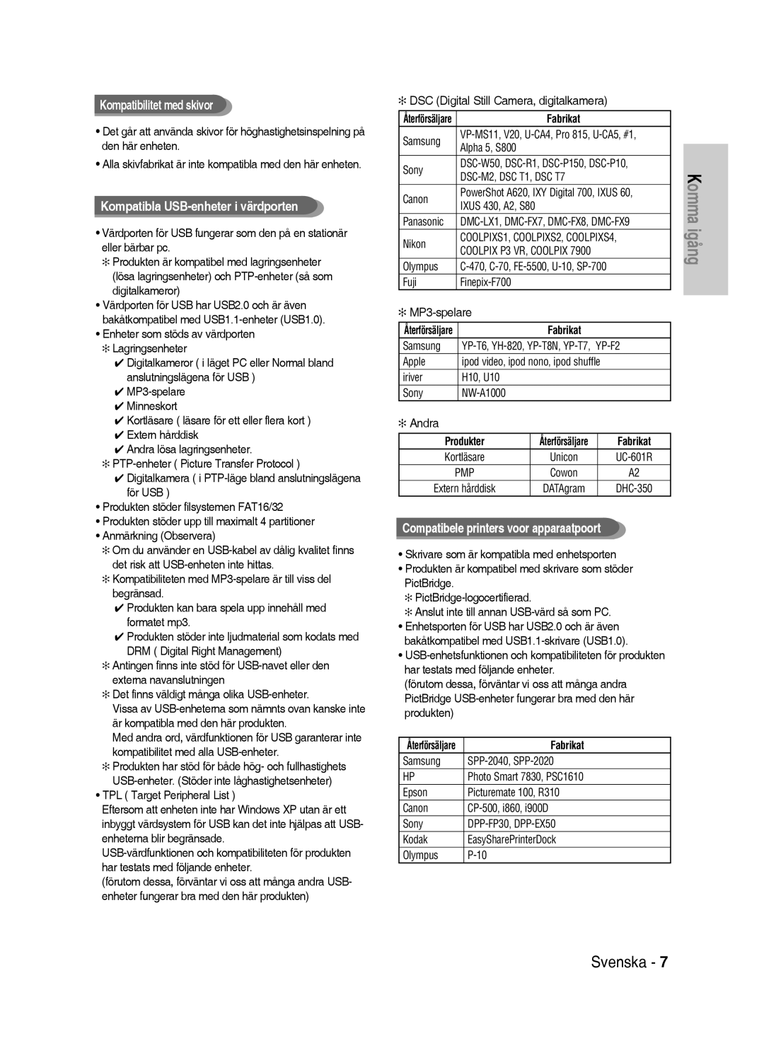 Samsung DVD-HR738/XEE manual Kompatibilitet med skivor, Kompatibla USB-enheter i värdporten 