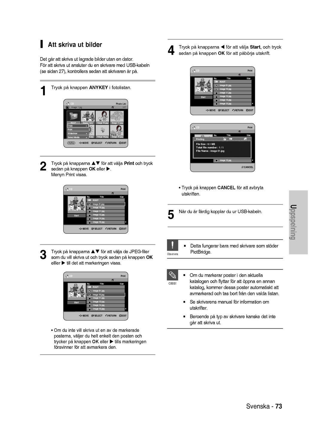 Samsung DVD-HR738/XEE manual Att skriva ut bilder, Det går att skriva ut lagrade bilder utan en dator 