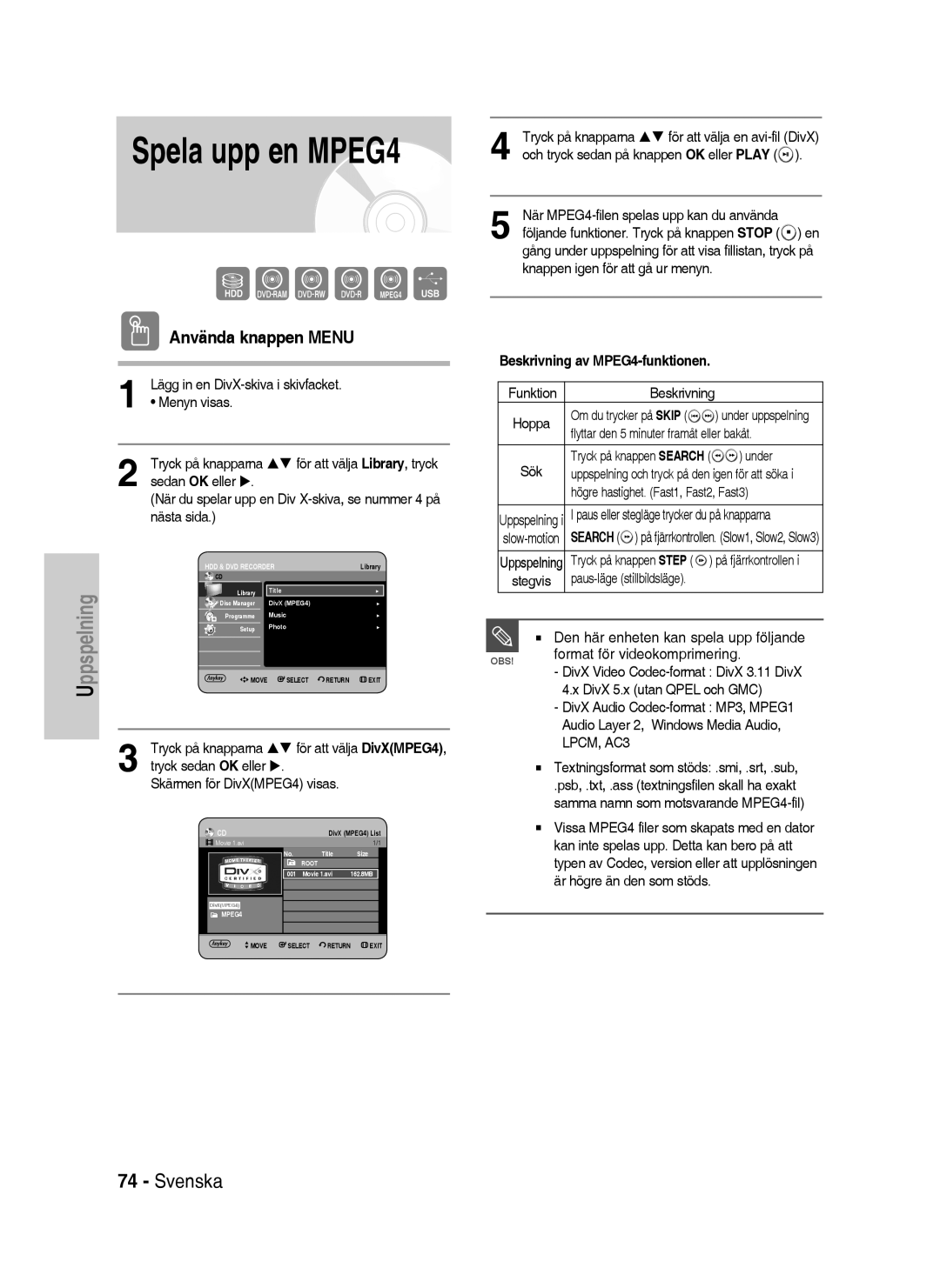 Samsung DVD-HR738/XEE manual Använda knappen Menu, Beskrivning av MPEG4-funktionen, LPCM, AC3 