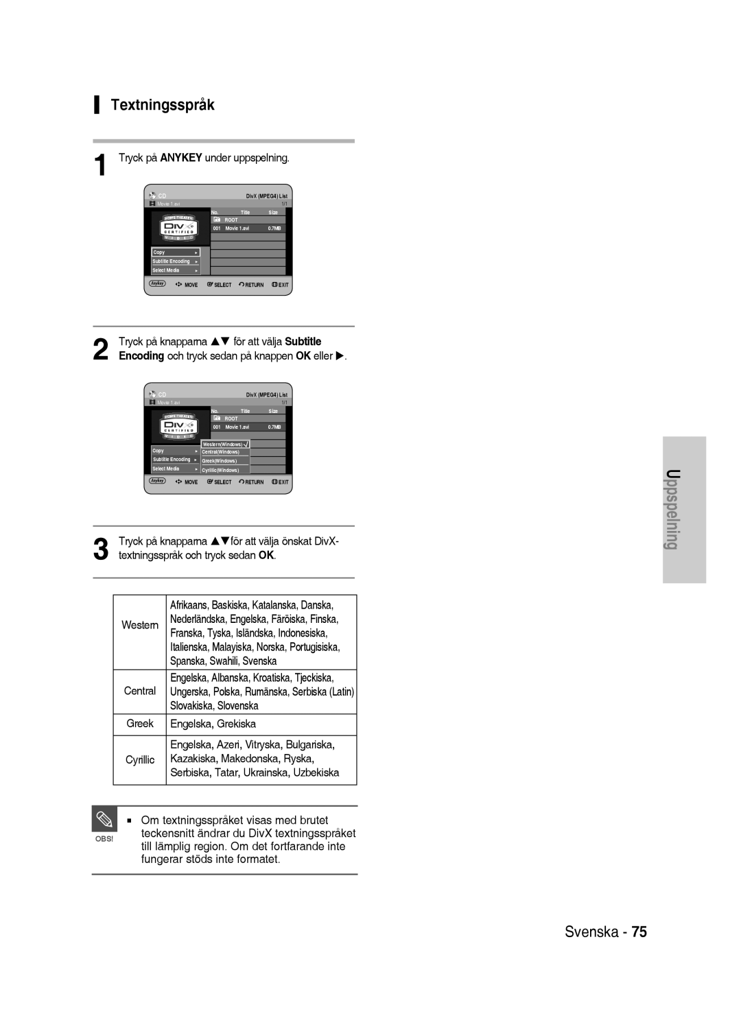 Samsung DVD-HR738/XEE manual Textningsspråk 