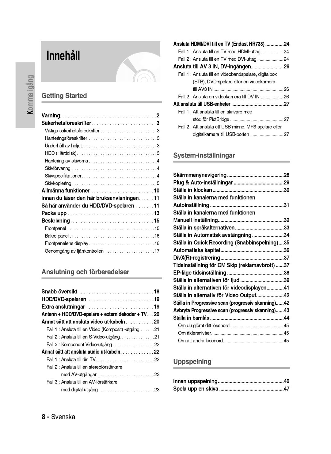 Samsung DVD-HR738/XEE manual Innehåll, Ställa in kanalerna med funktionen 