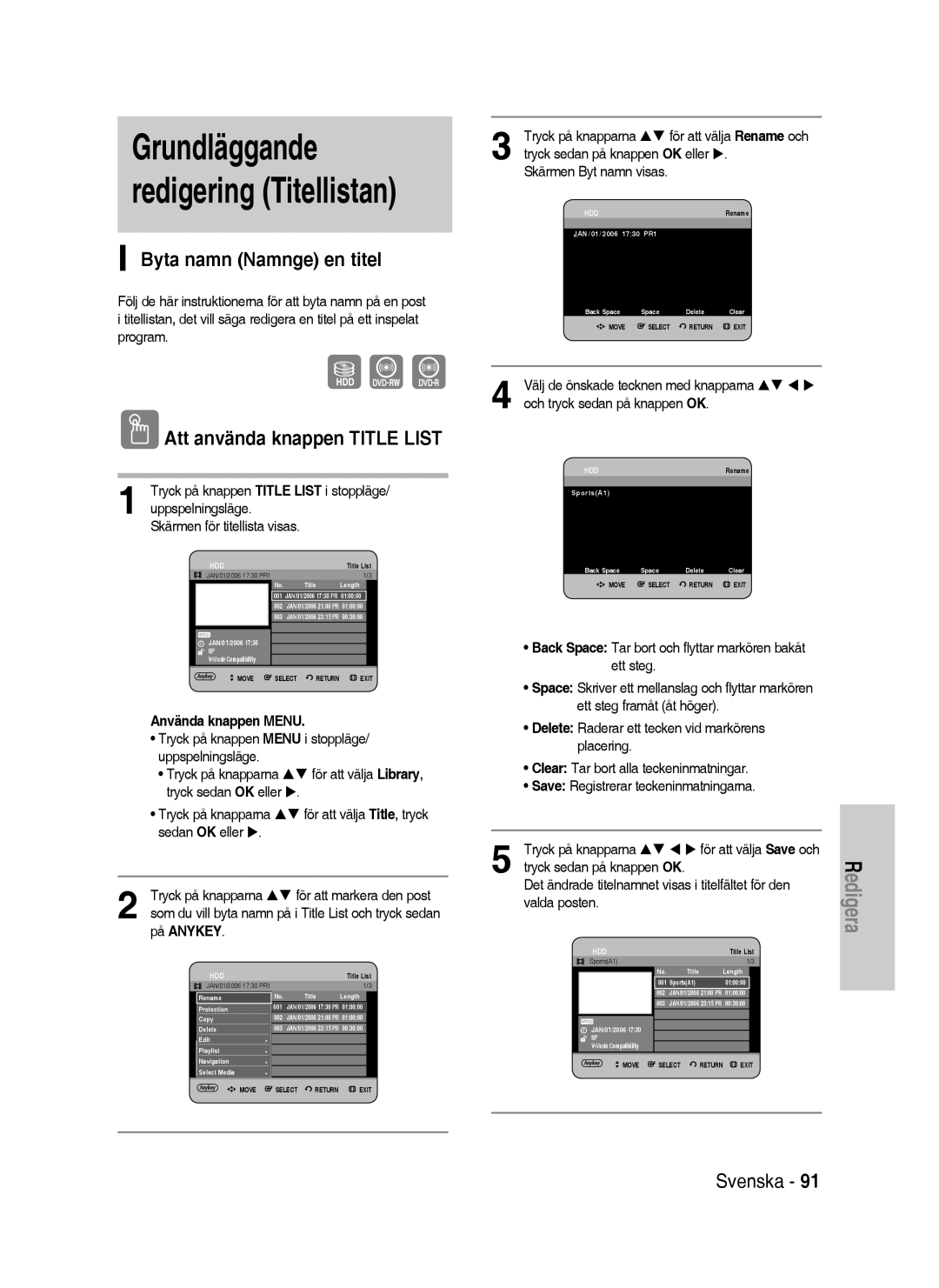 Samsung DVD-HR738/XEE manual Grundläggande redigering Titellistan, Byta namn Namnge en titel 