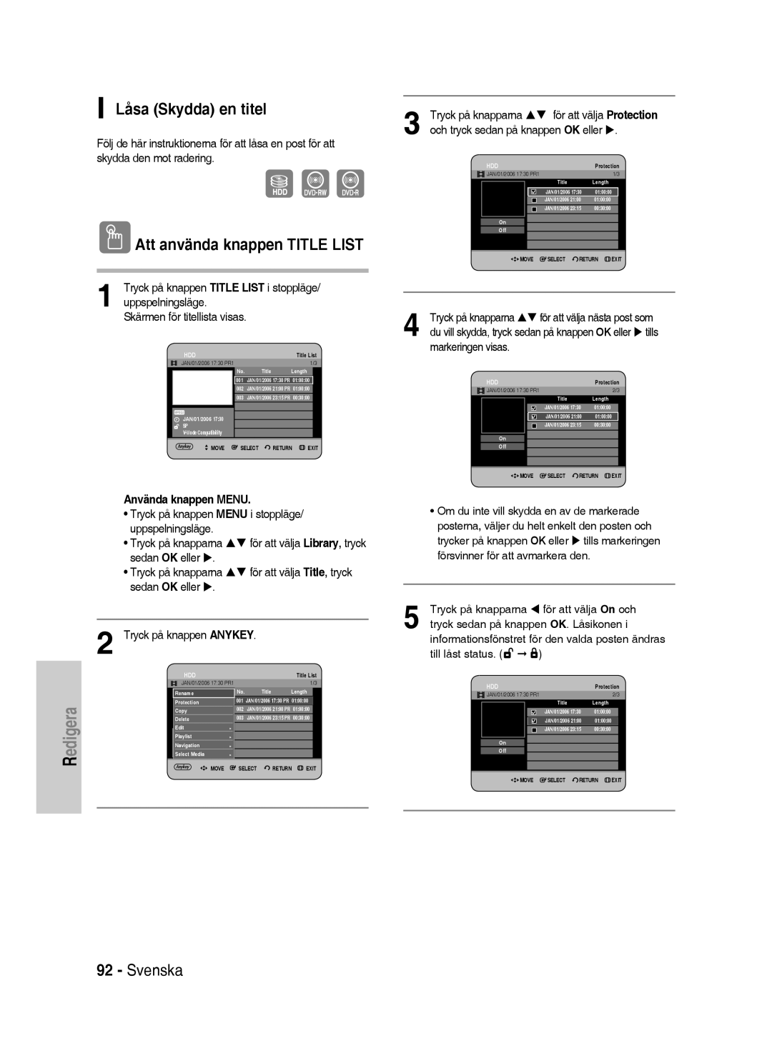 Samsung DVD-HR738/XEE manual Låsa Skydda en titel, För att välja Title, tryck, Tryck på knapparna, Markeringen visas 