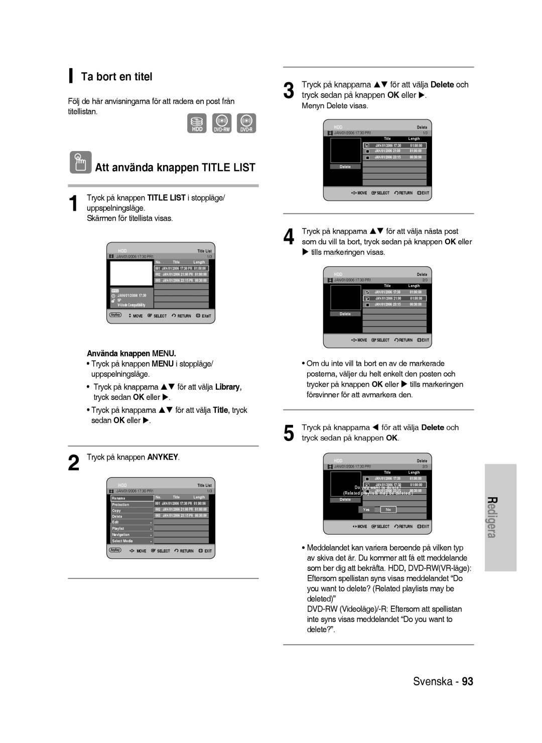 Samsung DVD-HR738/XEE manual Ta bort en titel, Tills markeringen visas 