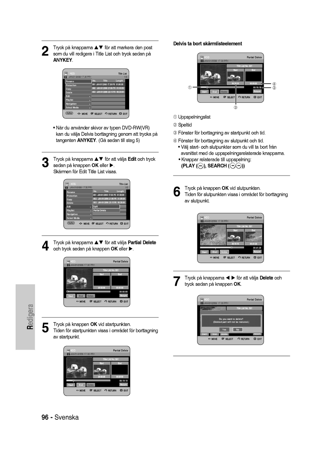 Samsung DVD-HR738/XEE manual Tryck på knappen OK vid startpunkten, Av startpunkt, Tryck på knappen OK vid slutpunkten 