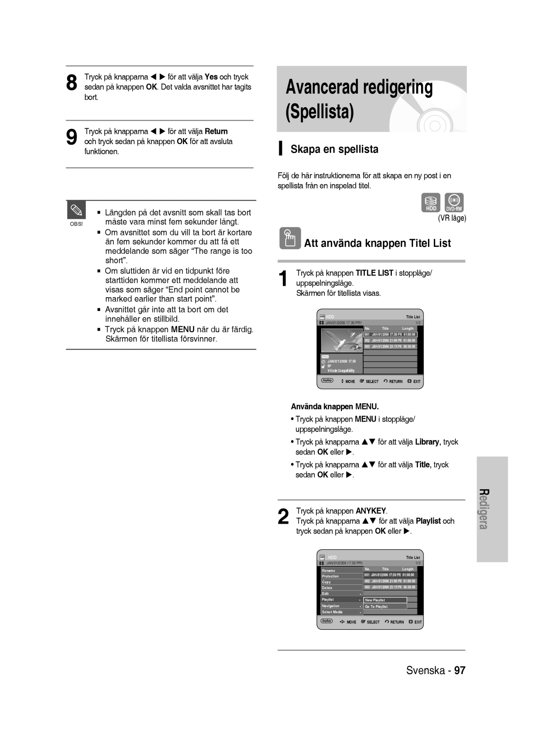 Samsung DVD-HR738/XEE manual Avancerad redigering Spellista, Skapa en spellista, Att använda knappen Titel List 