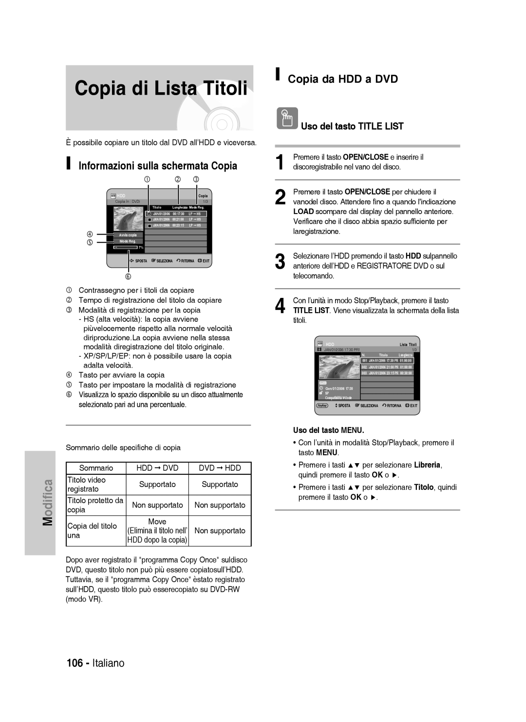 Samsung DVD-HR738/XEF manual Copia di Lista Titoli, Informazioni sulla schermata Copia, Copia da HDD a DVD, Sommario 