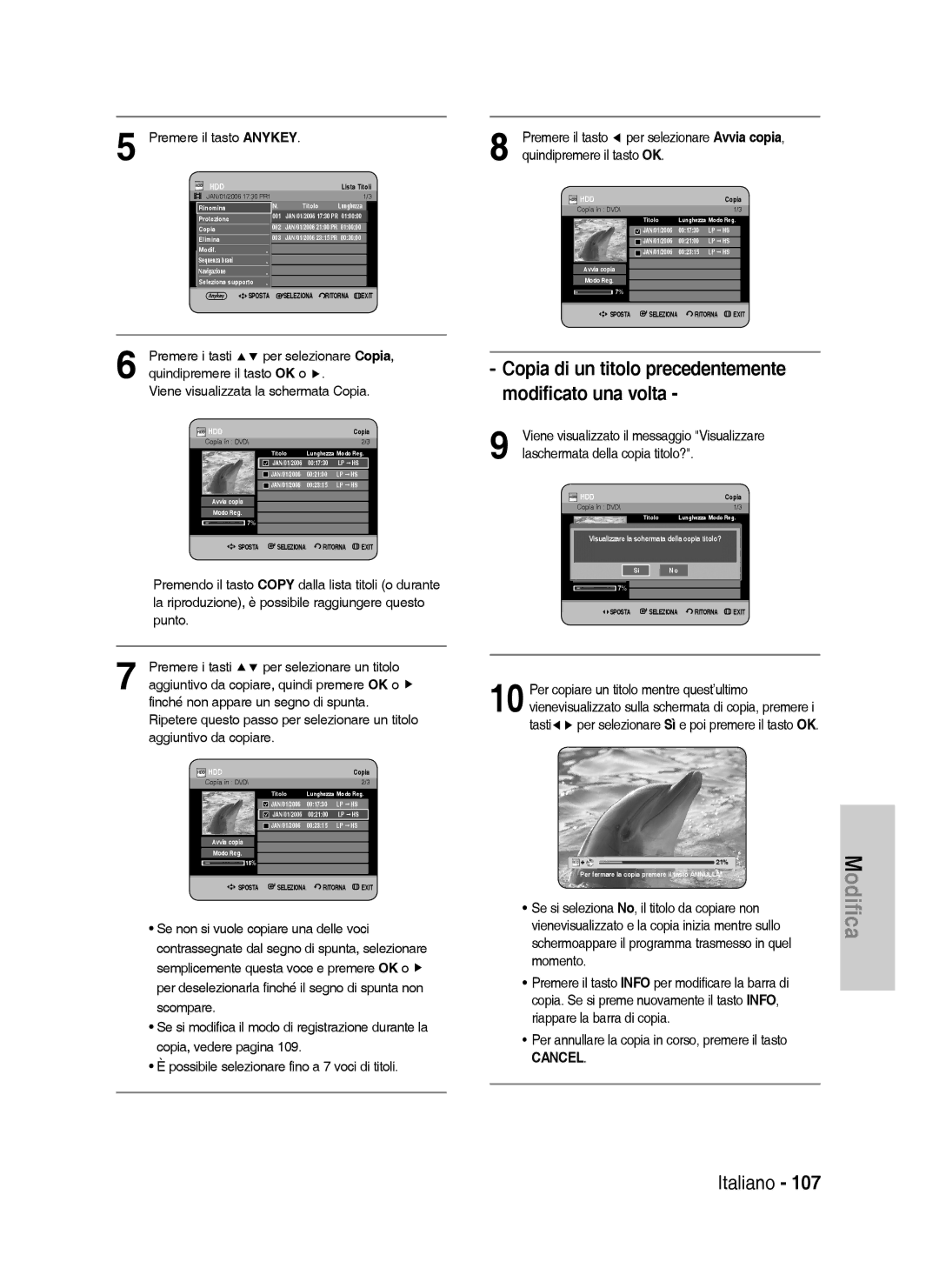 Samsung DVD-HR738/XET, DVD-HR738/XEF manual Copia di un titolo precedentemente modificato una volta 