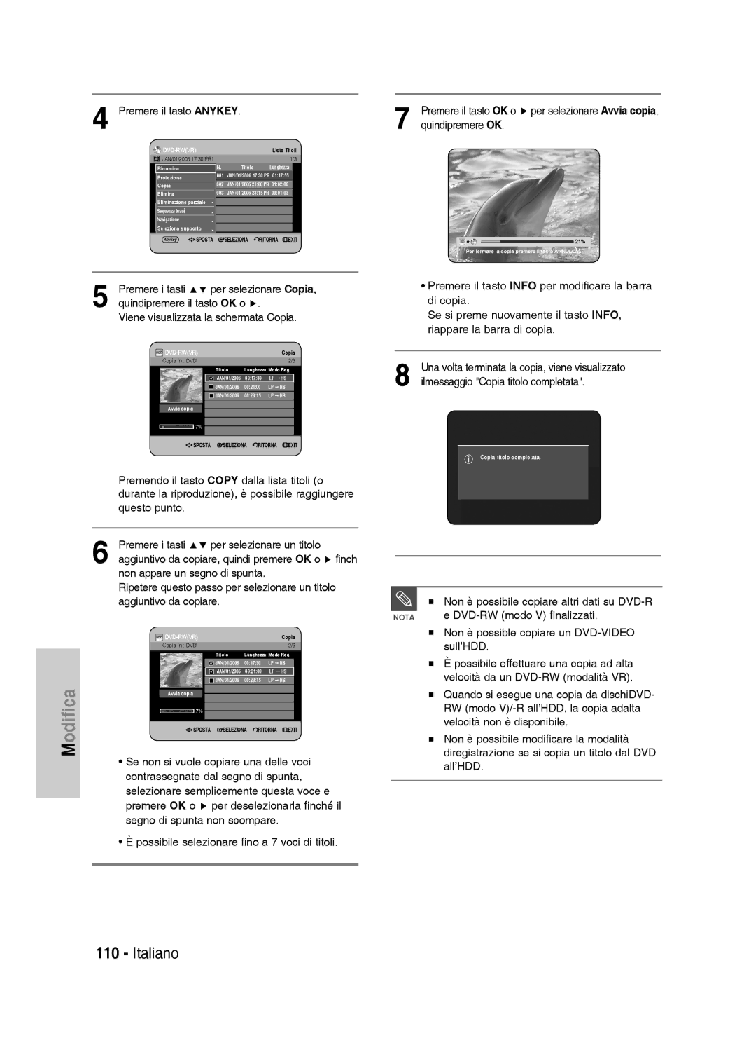 Samsung DVD-HR738/XEF manual Premere i tasti Per selezionare un titolo, Aggiuntivo da copiare, DVD-RW modo V finalizzati 