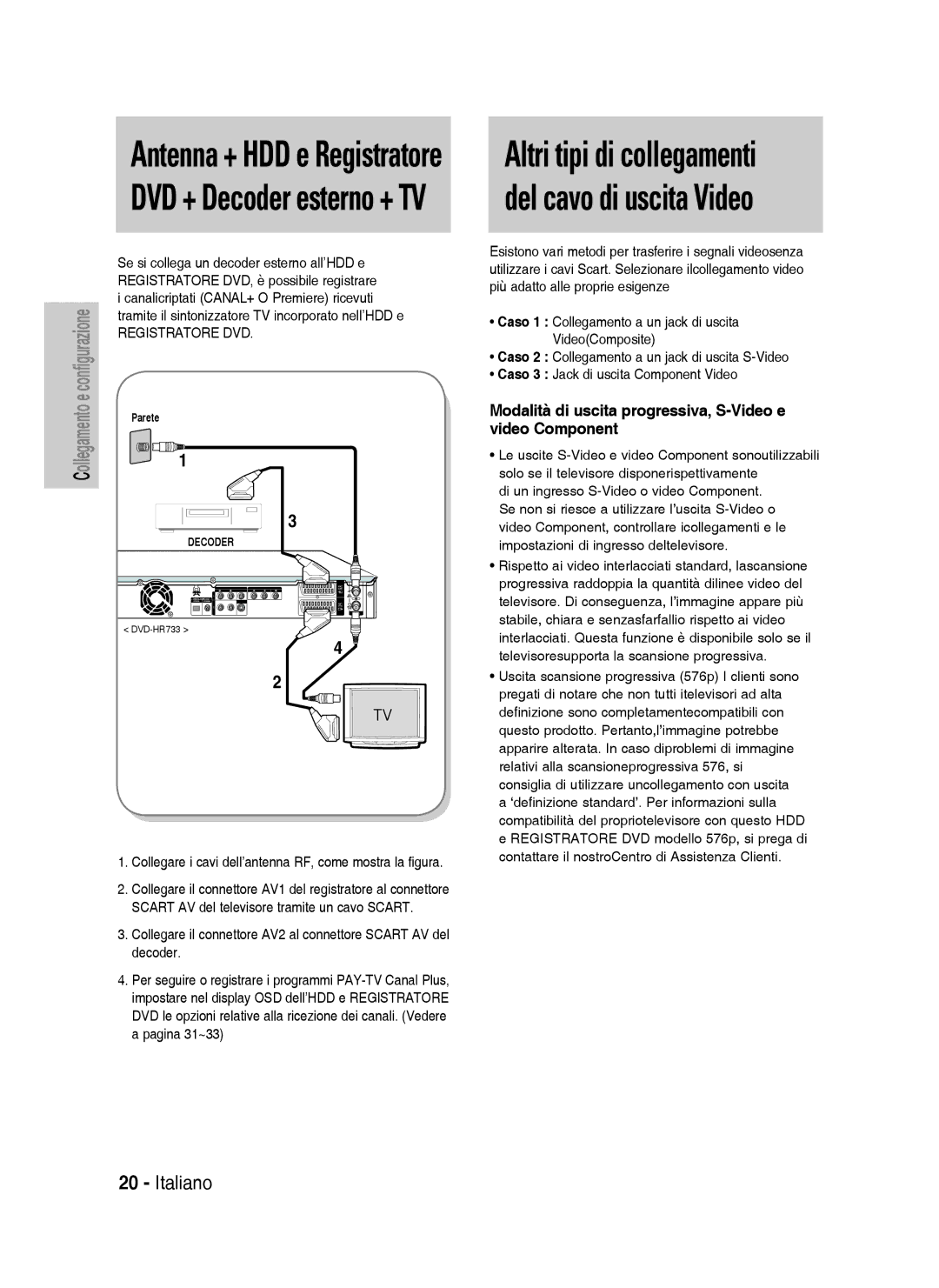 Samsung DVD-HR738/XEF, DVD-HR738/XET manual Modalità di uscita progressiva, S-Video e video Component 