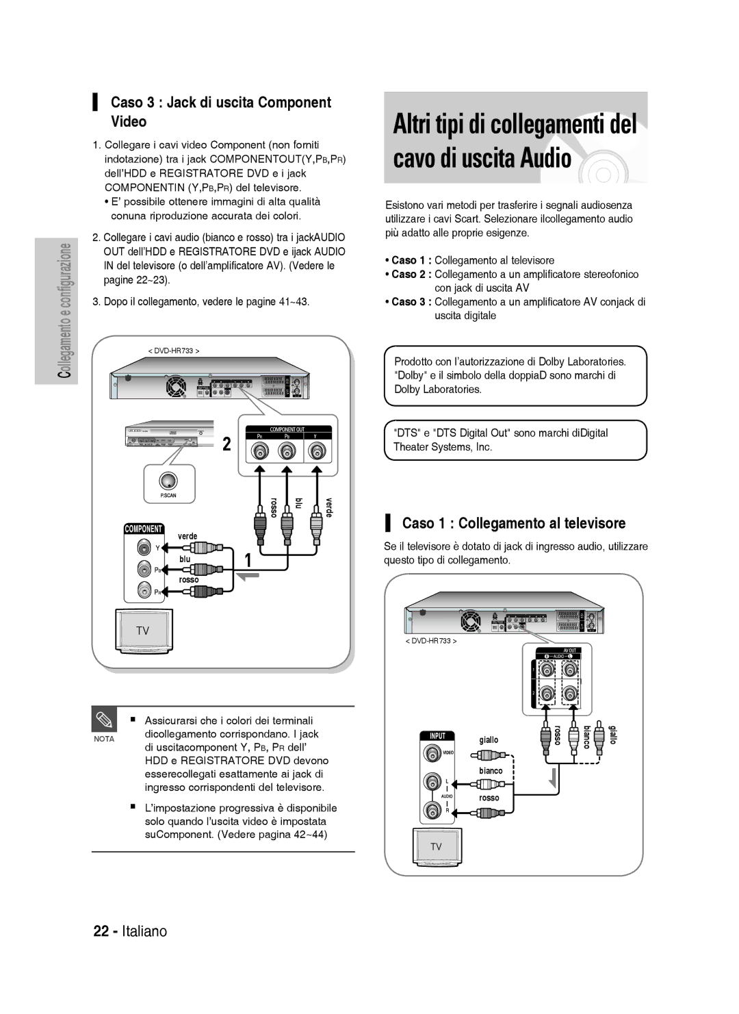 Samsung DVD-HR738/XEF, DVD-HR738/XET manual Caso 3 Jack di uscita Component Video, Caso 1 Collegamento al televisore 