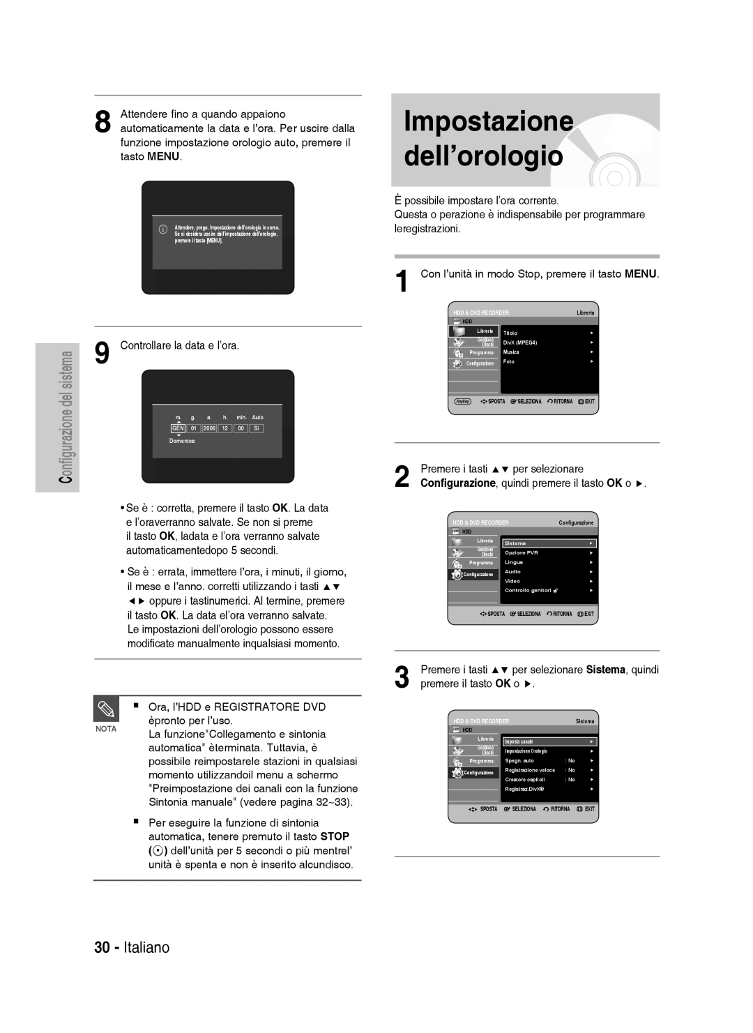 Samsung DVD-HR738/XEF, DVD-HR738/XET Impostazione dell’orologio, Per selezionare, Premere i tasti, Premere il tasto OK o 