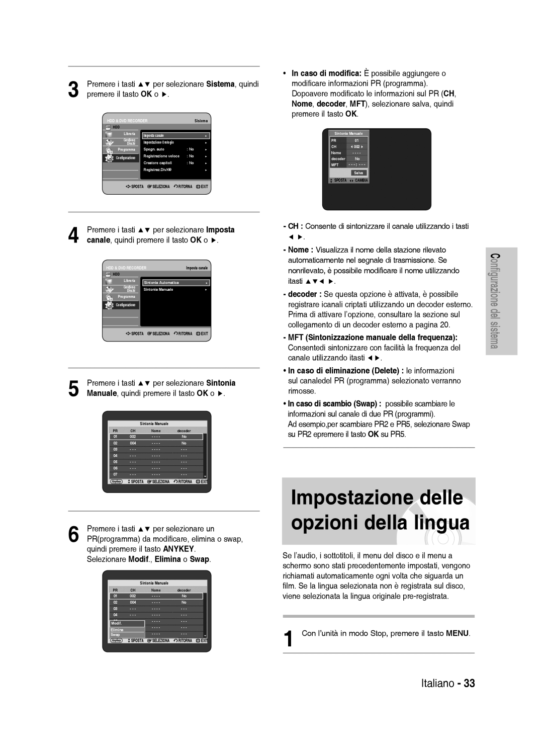 Samsung DVD-HR738/XET, DVD-HR738/XEF manual Impostazione delle opzioni della lingua, Canale, quindi premere il tasto OK o 