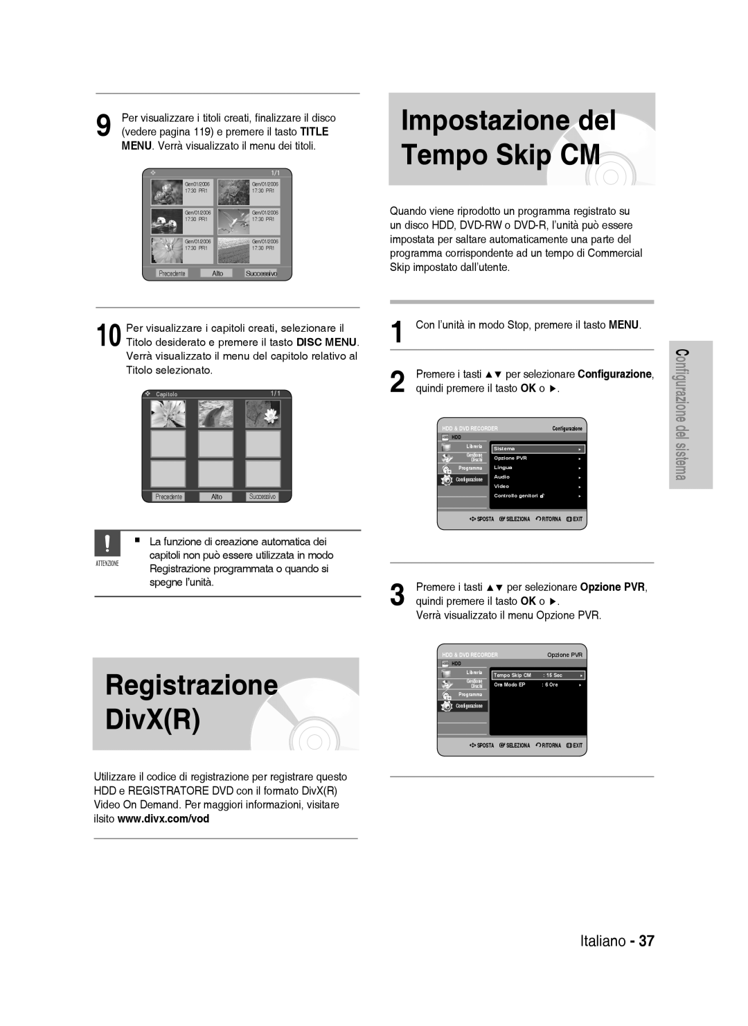 Samsung DVD-HR738/XET, DVD-HR738/XEF manual Impostazione del Tempo Skip CM, Registrazione DivXR 