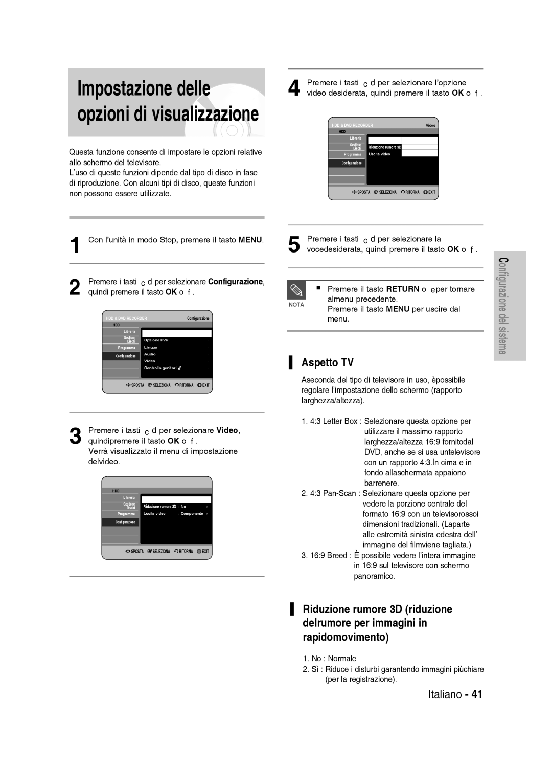 Samsung DVD-HR738/XET Aspetto TV, Per selezionare Video, Premere i tasti Per selezionare l’opzione, Almenu precedente Menu 