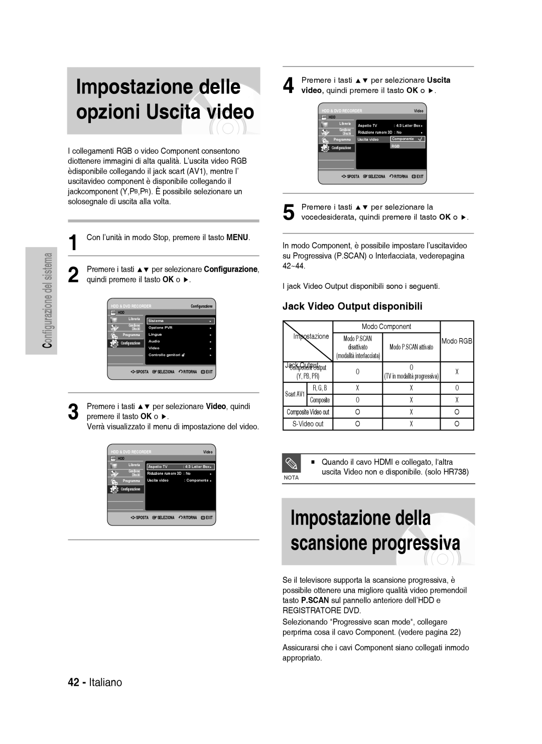 Samsung DVD-HR738/XEF manual Impostazione delle opzioni Uscita video, Jack Video Output disponibili, Premere il tasto OK o 