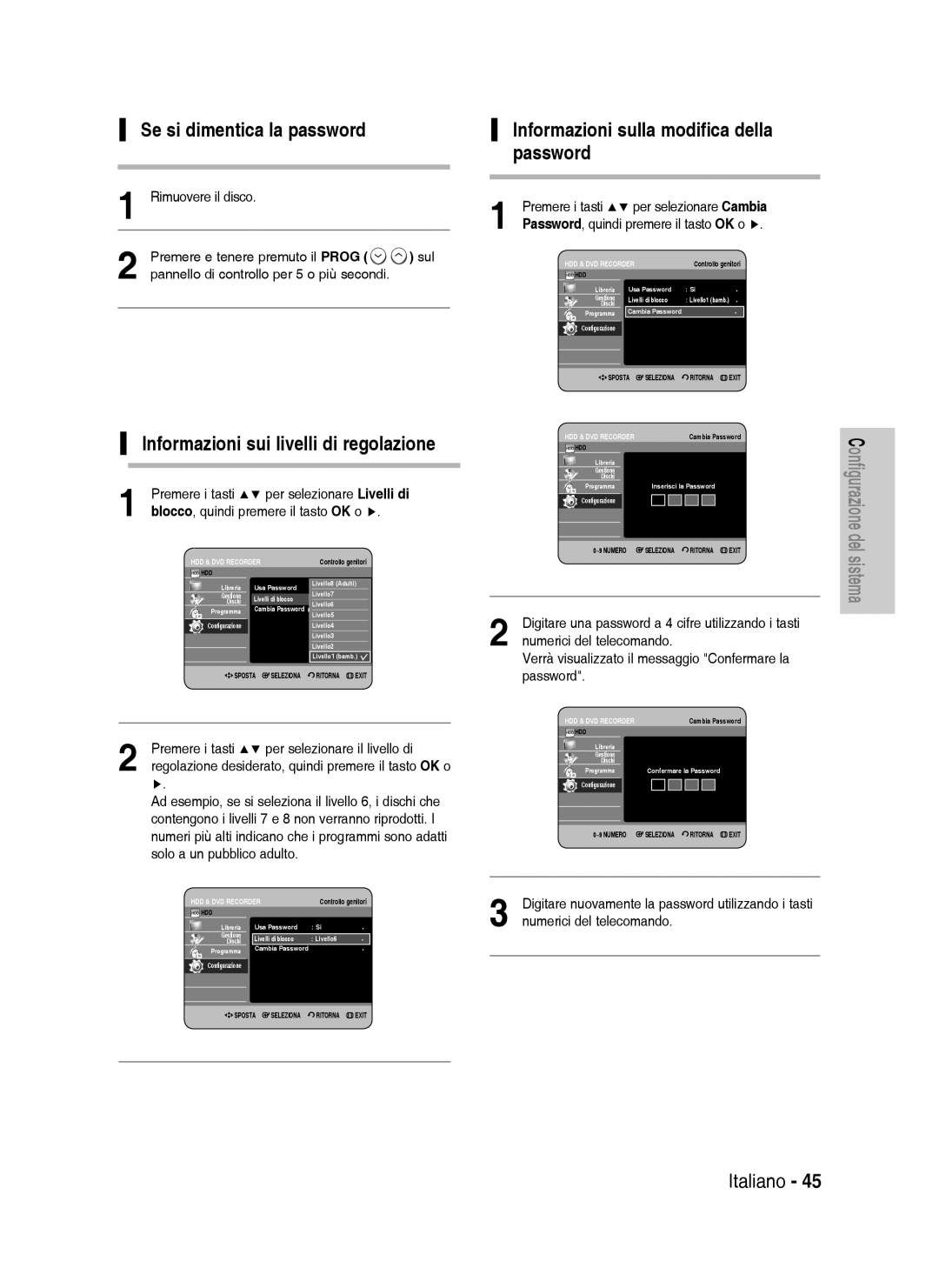 Samsung DVD-HR738/XET, DVD-HR738/XEF Se si dimentica la password, Informazioni sulla modifica della password, Password 