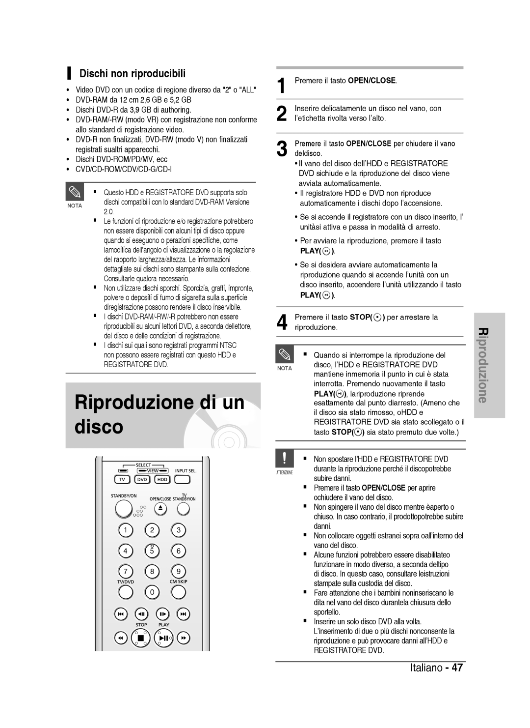 Samsung DVD-HR738/XET, DVD-HR738/XEF manual Riproduzione di un disco, Dischi non riproducibili 