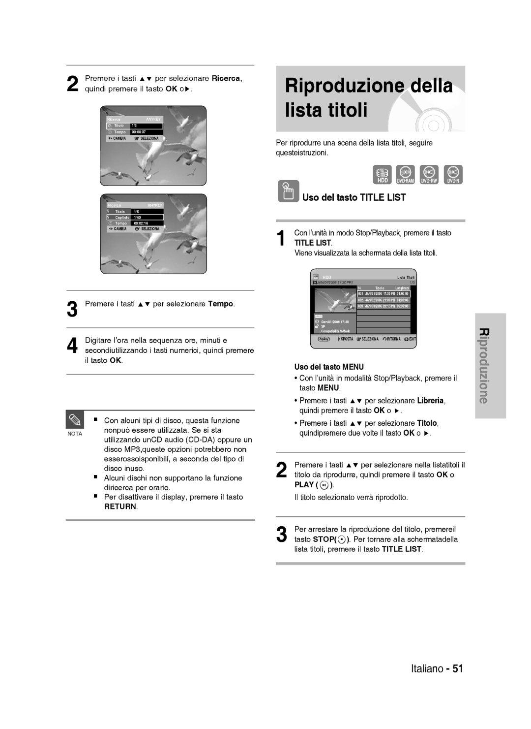 Samsung DVD-HR738/XET, DVD-HR738/XEF manual Riproduzione della lista titoli, Uso del tasto Title List, Uso del tasto Menu 