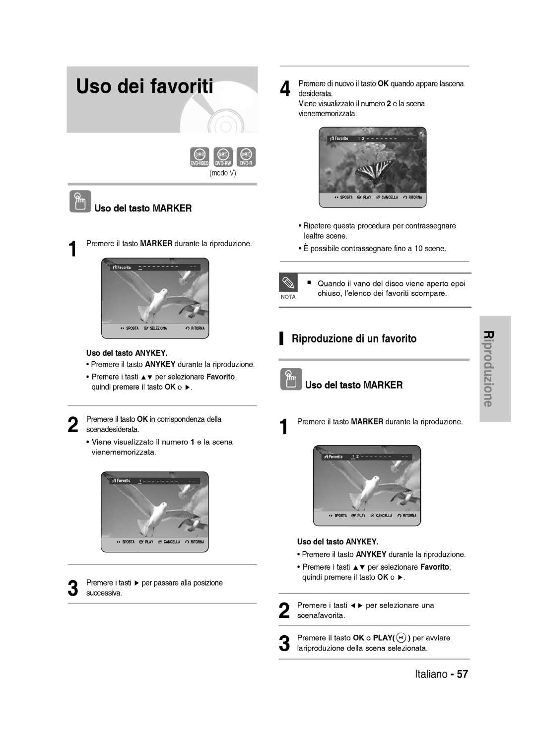 Samsung DVD-HR738/XET manual Uso dei favoriti, Riproduzione di un favorito, Premere i tasti Per selezionare Favorito 