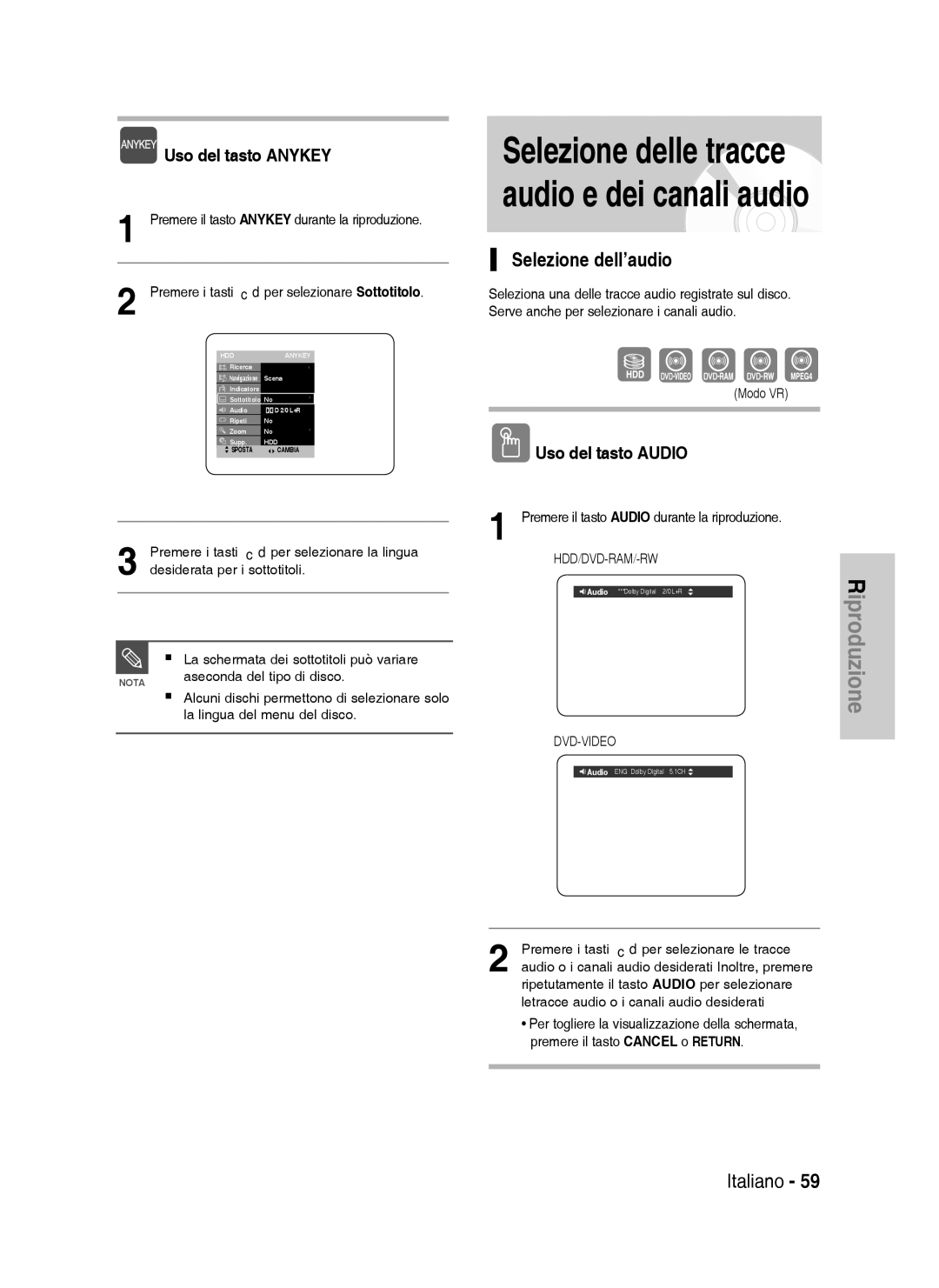 Samsung DVD-HR738/XET, DVD-HR738/XEF manual Selezione dell’audio, Uso del tasto Audio 