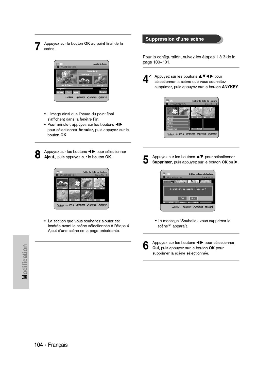 Samsung DVD-HR738/XEF manual Suppression d’une scène, Souhaitez-vous supprimer la scène ? 