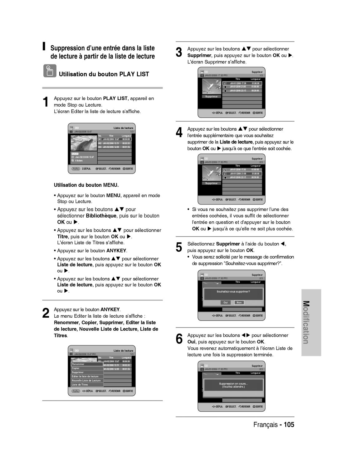 Samsung DVD-HR738/XEF Le menu Editer la liste de lecture saffiche, Renommer, Copier, Supprimer, Editer la liste, Titres 