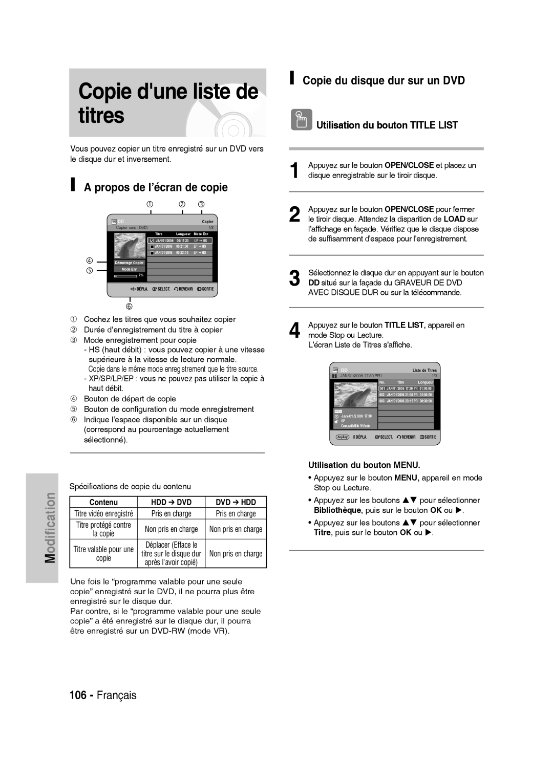 Samsung DVD-HR738/XEF manual Copie dune liste de titres, Propos de l’écran de copie, Copie du disque dur sur un DVD 