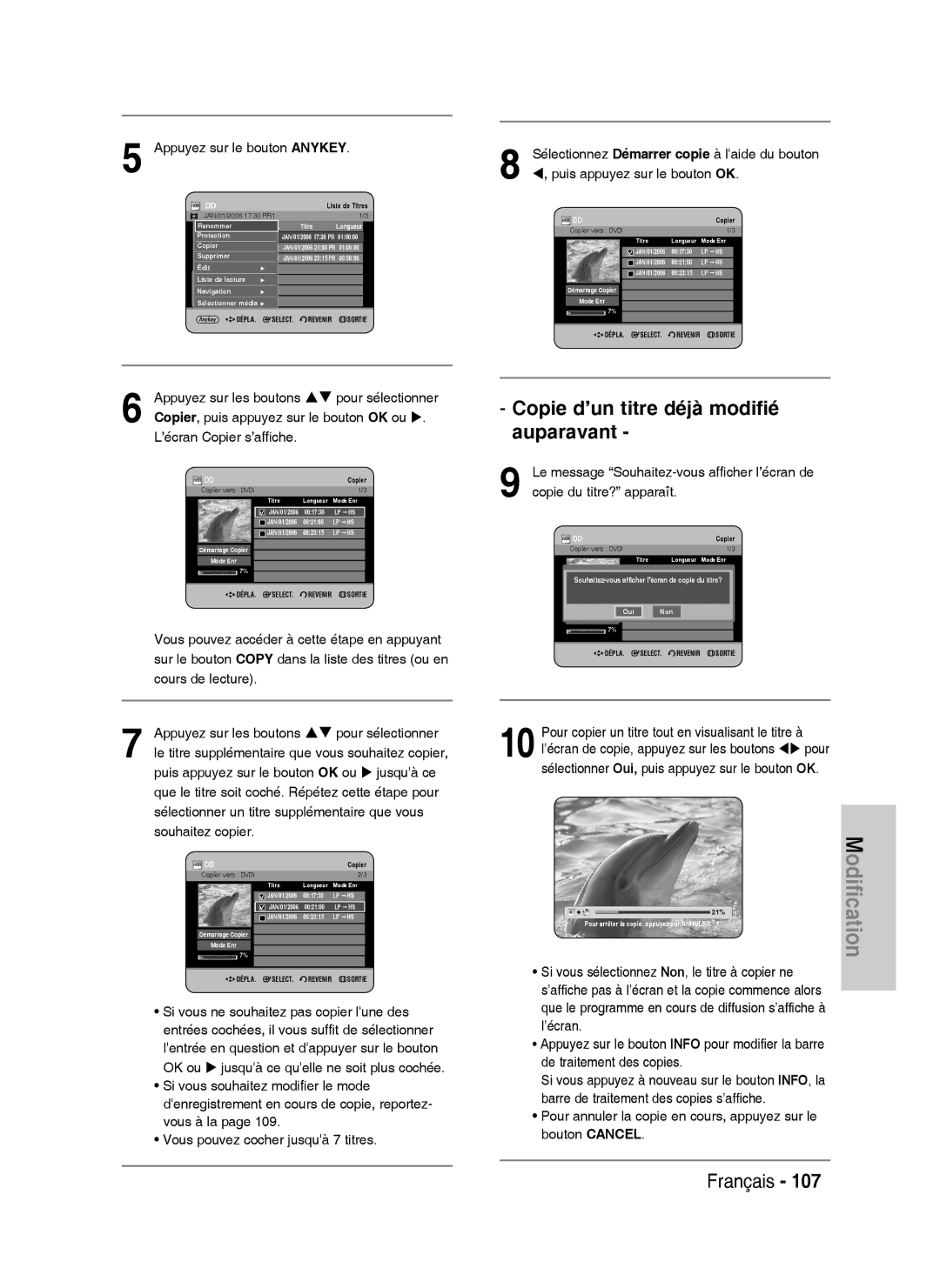 Samsung DVD-HR738/XEF manual Copie d’un titre déjà modifié auparavant, Pour arrêter la copie. appuyez sur Annuler 