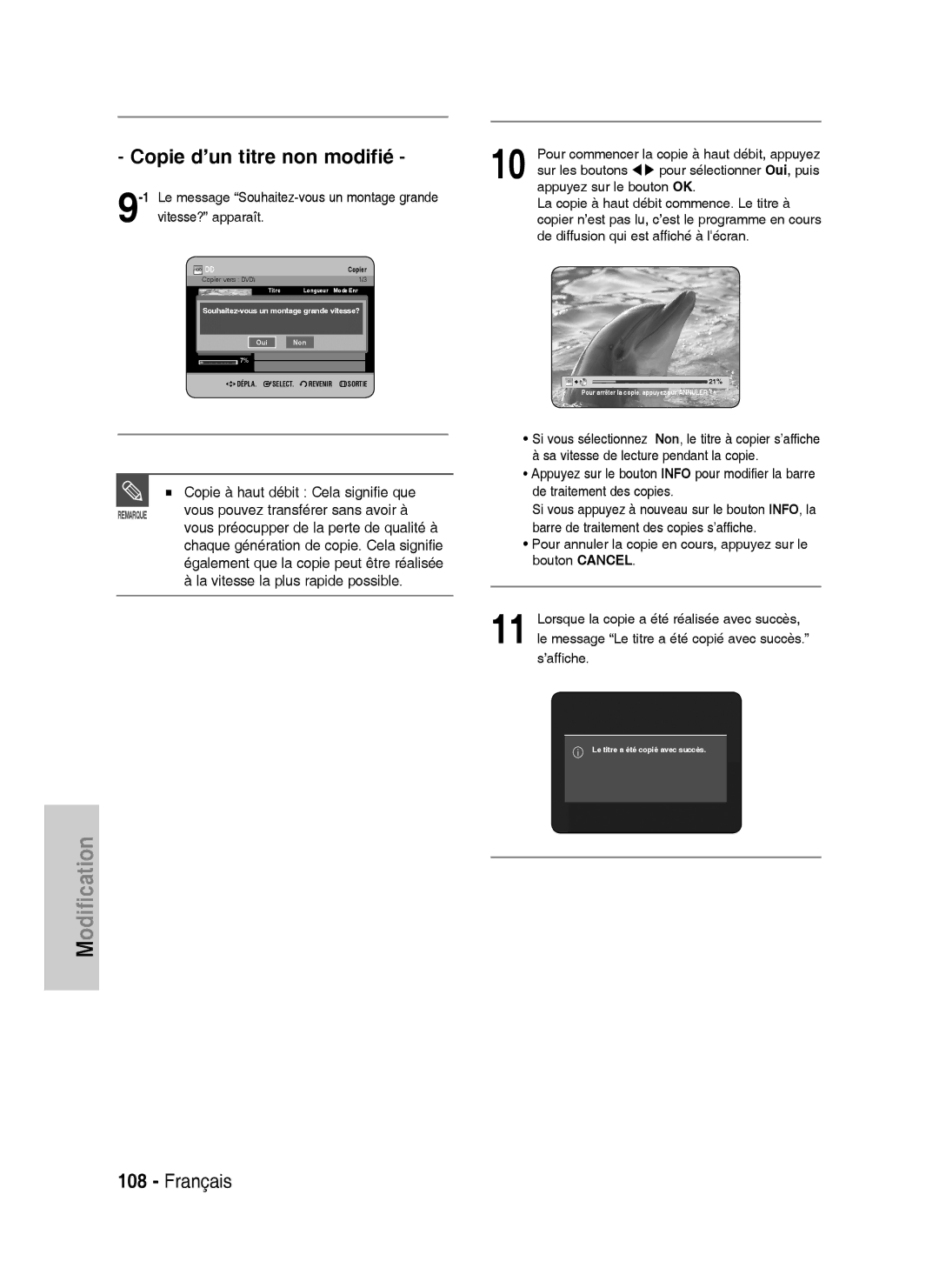 Samsung DVD-HR738/XEF manual Copie d’un titre non modifié, Le titre a été copié avec succès 