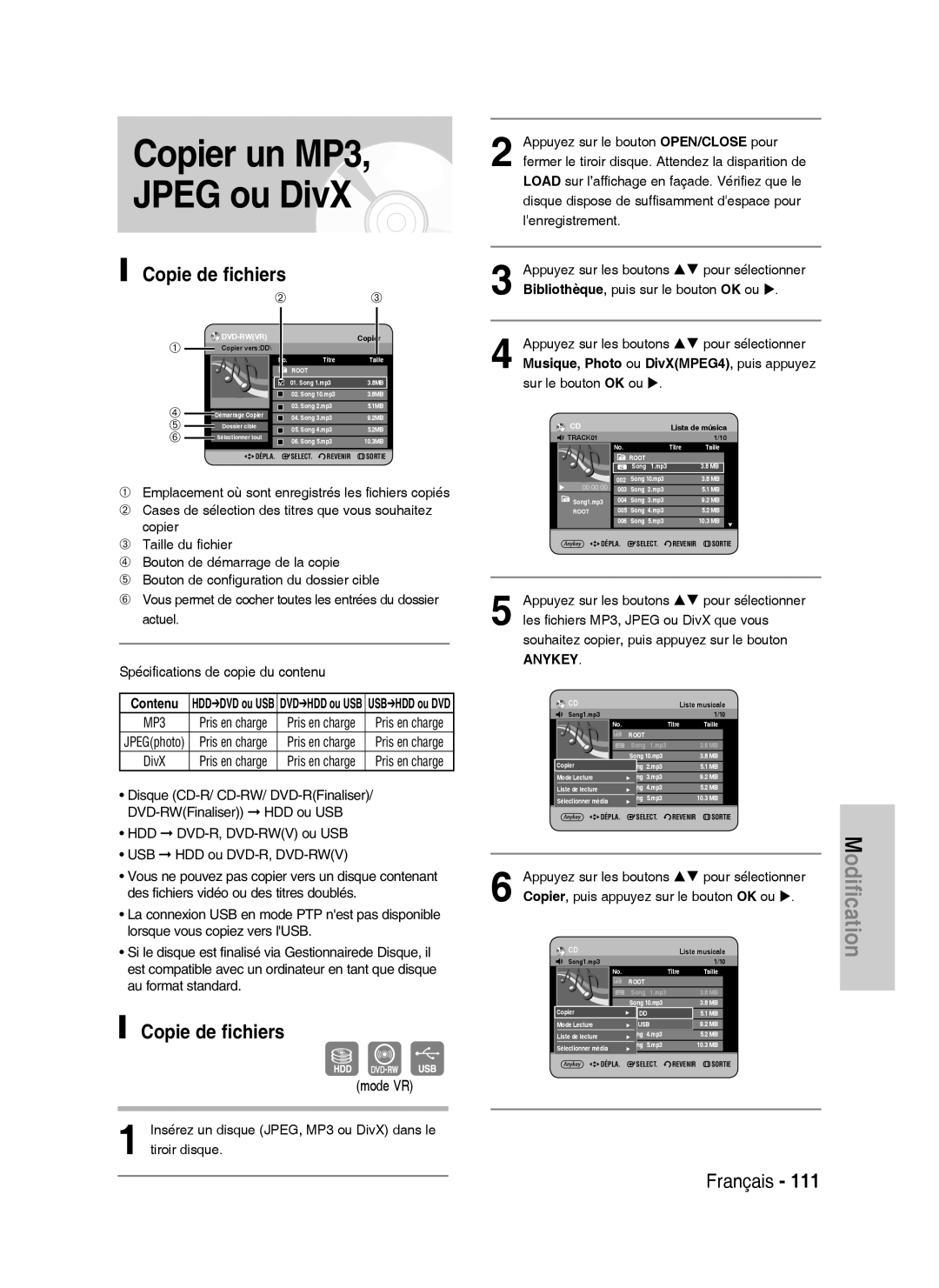 Samsung DVD-HR738/XEF manual Copier un MP3 Jpeg ou DivX, Copie de fichiers, Lista de música 