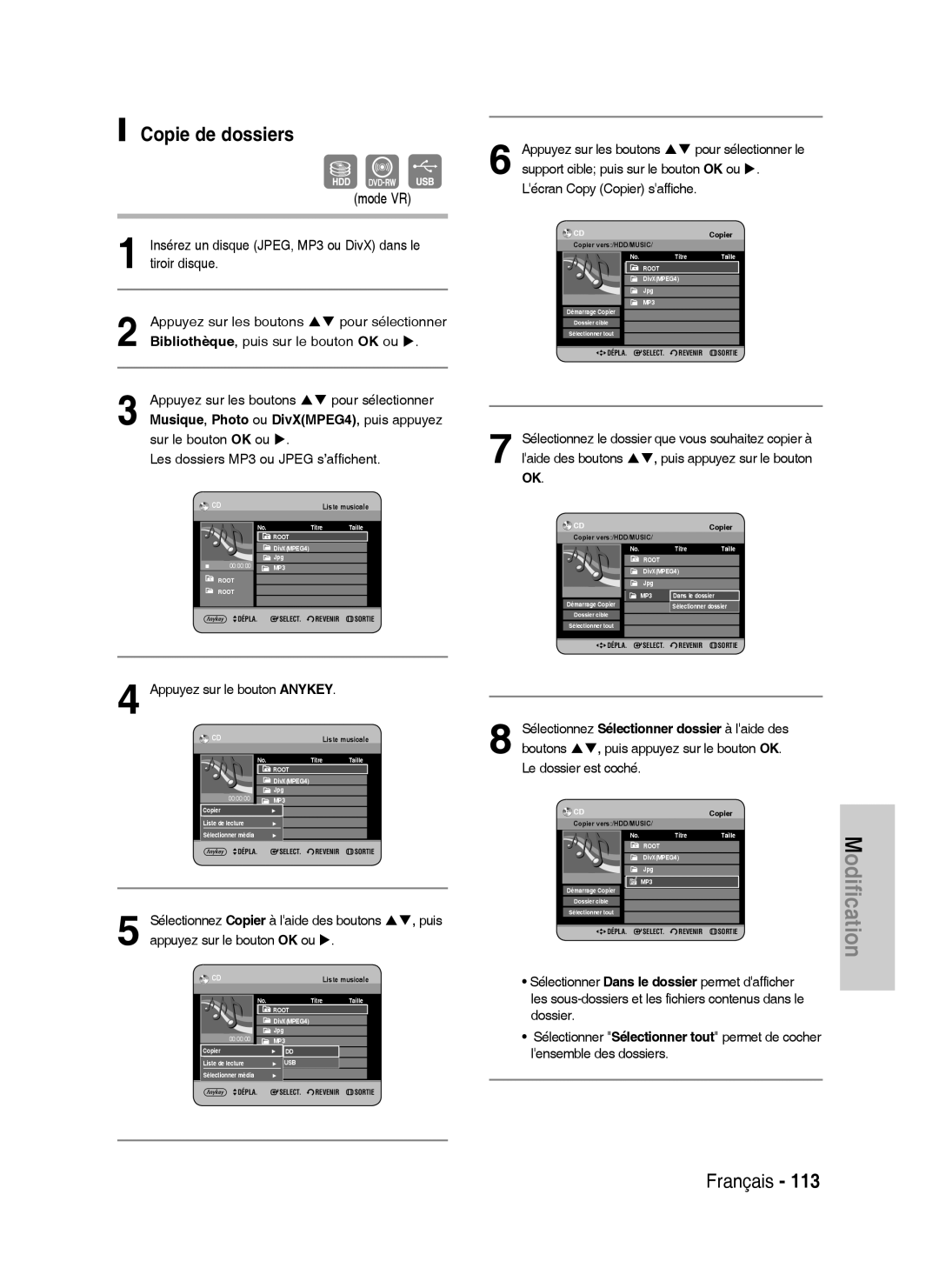 Samsung DVD-HR738/XEF manual Copie de dossiers, Insérez un disque JPEG, MP3 ou DivX dans le tiroir disque 