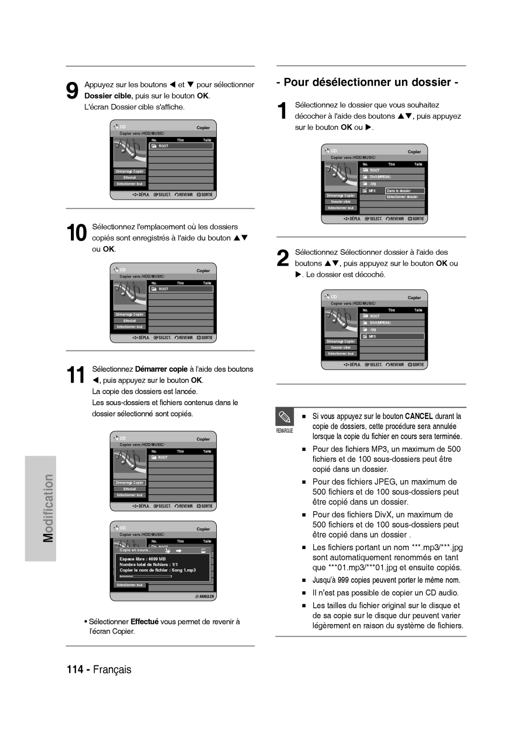 Samsung DVD-HR738/XEF manual Pour désélectionner un dossier, Si vous appuyez sur le bouton Cancel durant la 