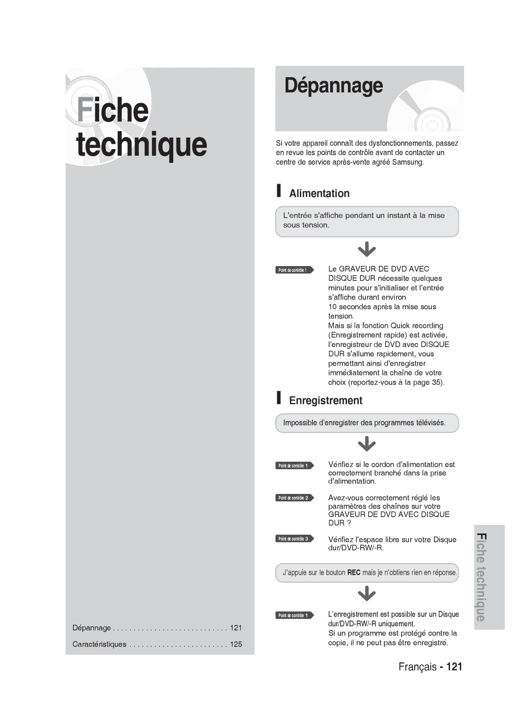 Samsung DVD-HR738/XEF manual Dépannage, Alimentation, Enregistrement 