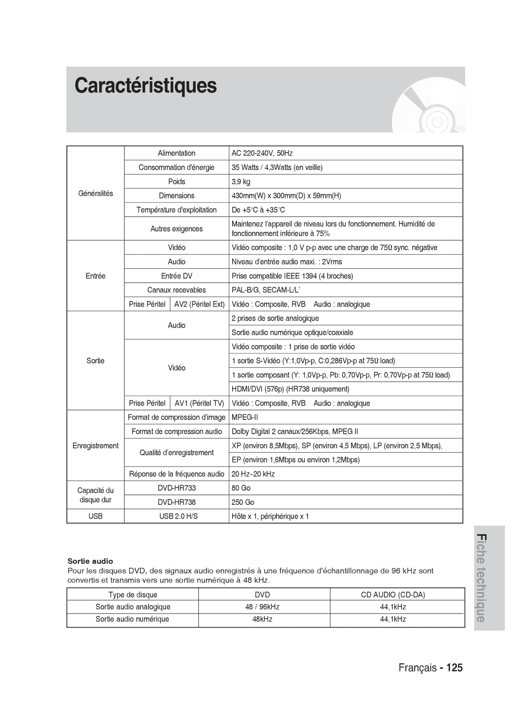 Samsung DVD-HR738/XEF manual Caractéristiques, Sortie audio 