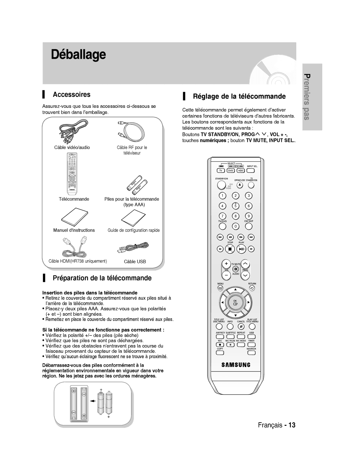 Samsung DVD-HR738/XEF manual Déballage, Accessoires, Réglage de la télécommande, Préparation de la télécommande 