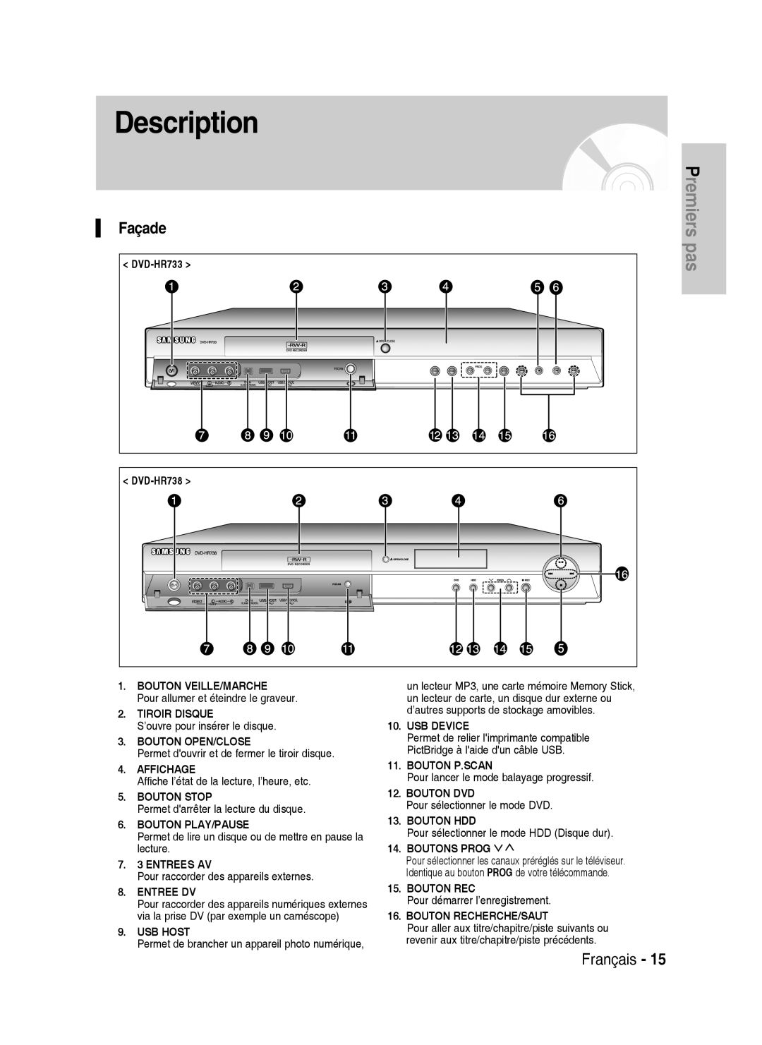 Samsung DVD-HR738/XEF manual Description, Façade, DVD-HR733 