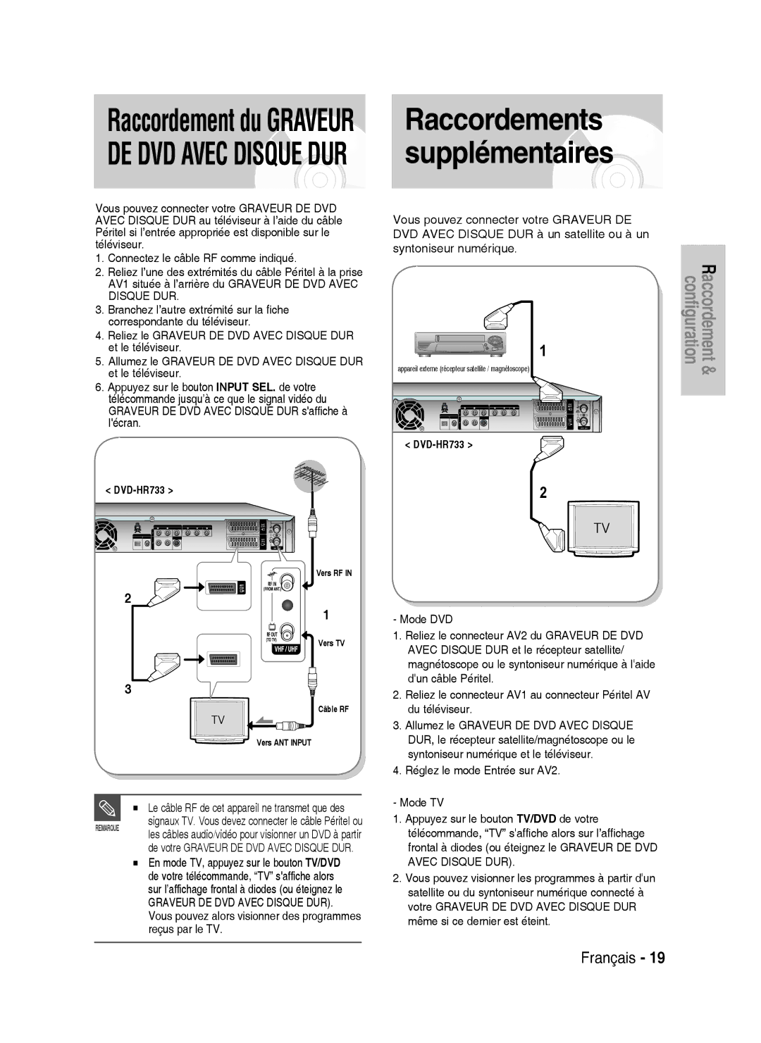 Samsung DVD-HR738/XEF manual Raccordements supplémentaires, Reçus par le TV, En mode TV, appuyez sur le bouton TV/DVD 