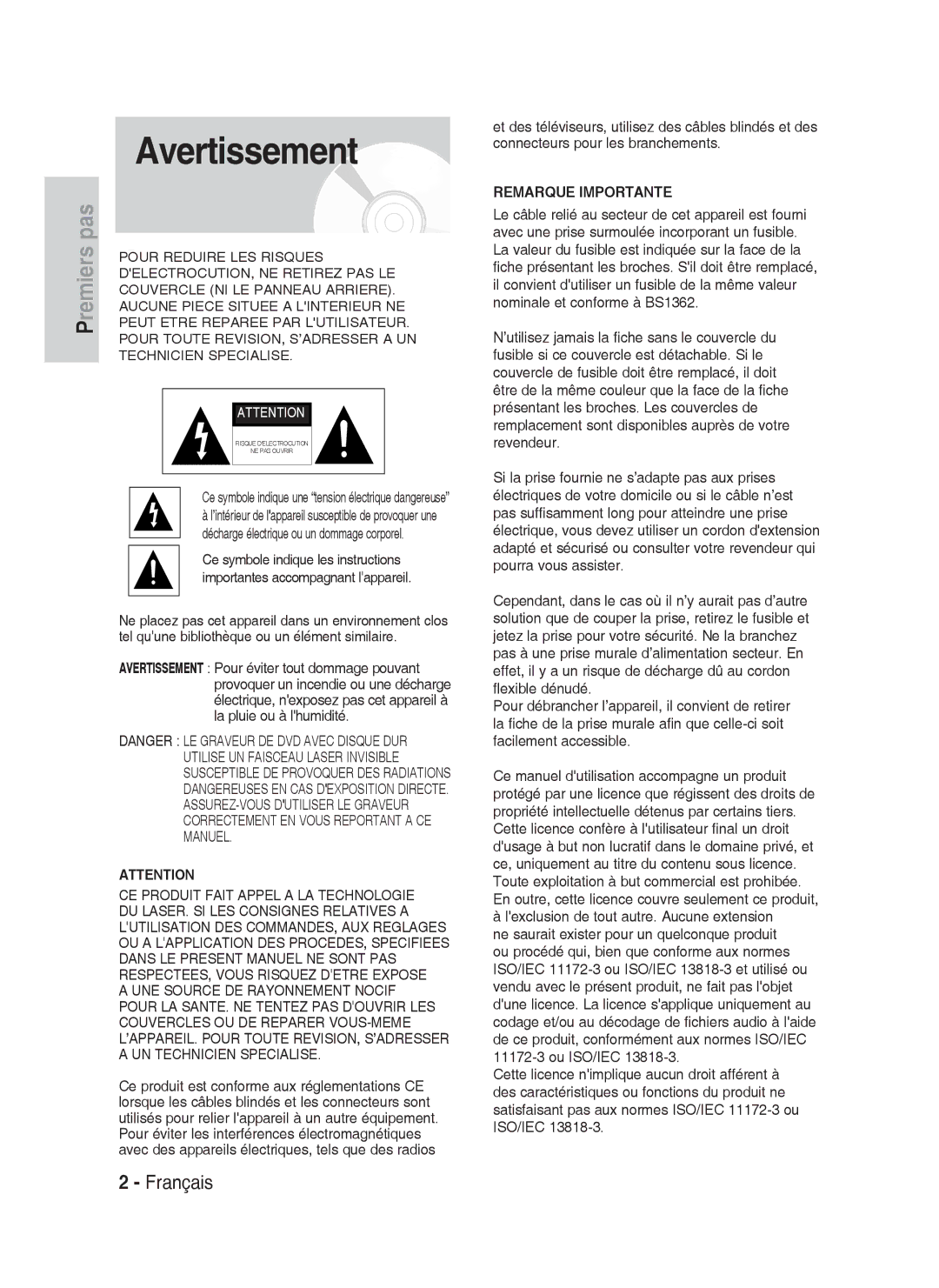 Samsung DVD-HR738/XEF manual Avertissement, Ce symbole indique une tension électrique dangereuse 